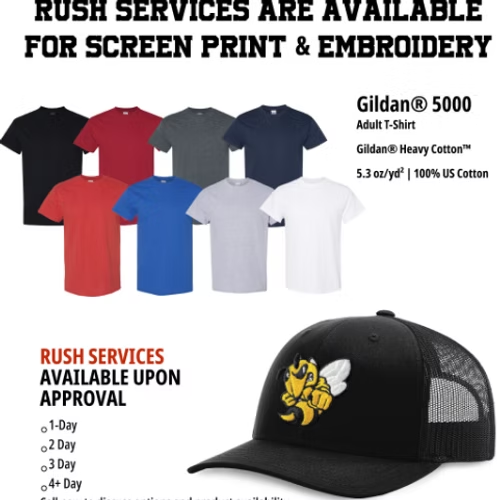 5 day rush service for screen printed apparel and caps